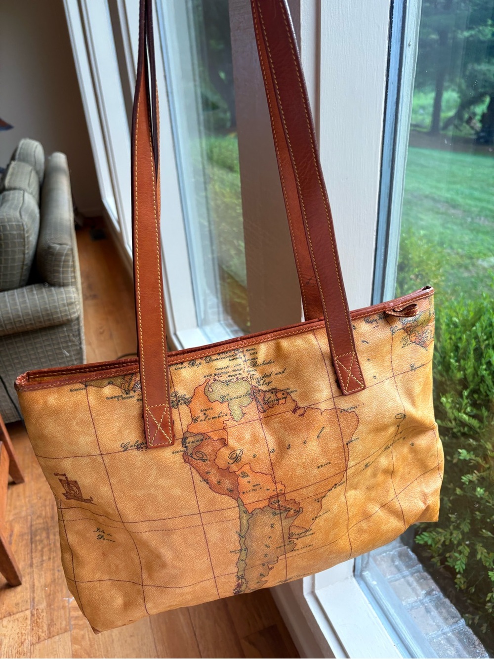 Alviero Martini World Map Tan Canvas and Leather Trim Shoulder Tote 19 x 12